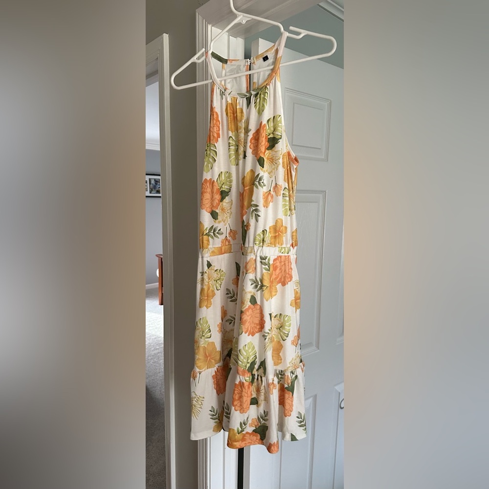 White Floral Sundress with Orange & Green Hibiscus Print with removable belt